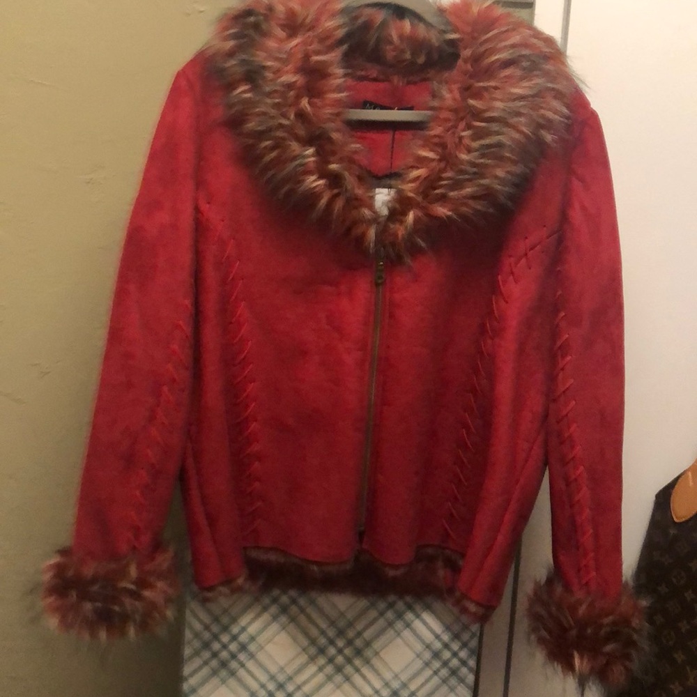 Red Suede with fur trim coat